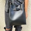 Black Leather Handbag Women Bucket Bag Crossbody Shopping
