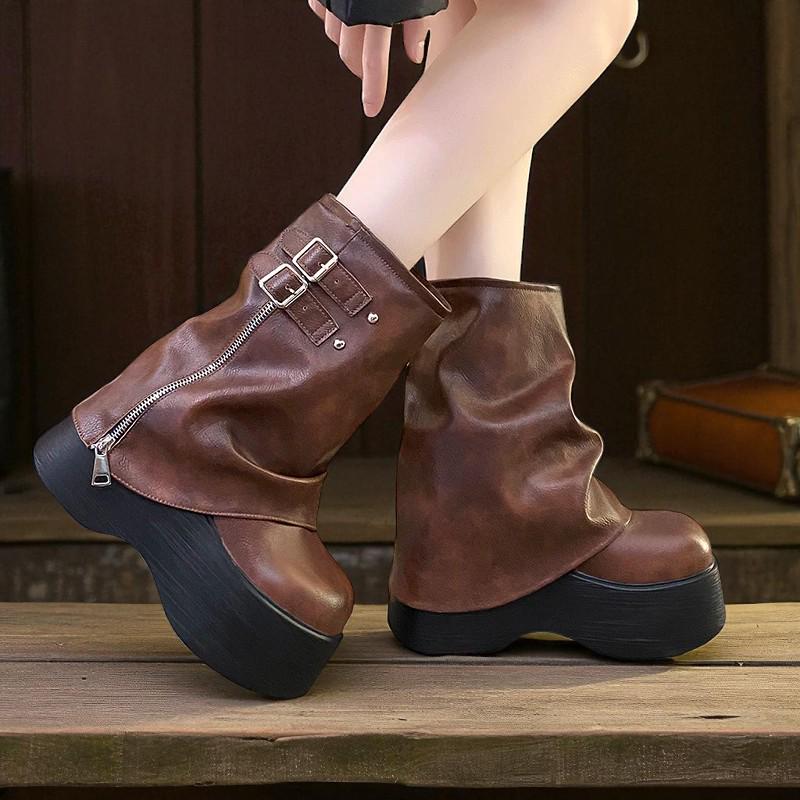 Punk Motorcycle Boots: Chunky Heel Platform Belt Buckle