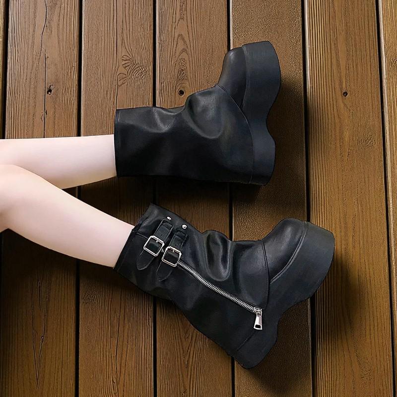 Punk Motorcycle Boots: Chunky Heel Platform Belt Buckle
